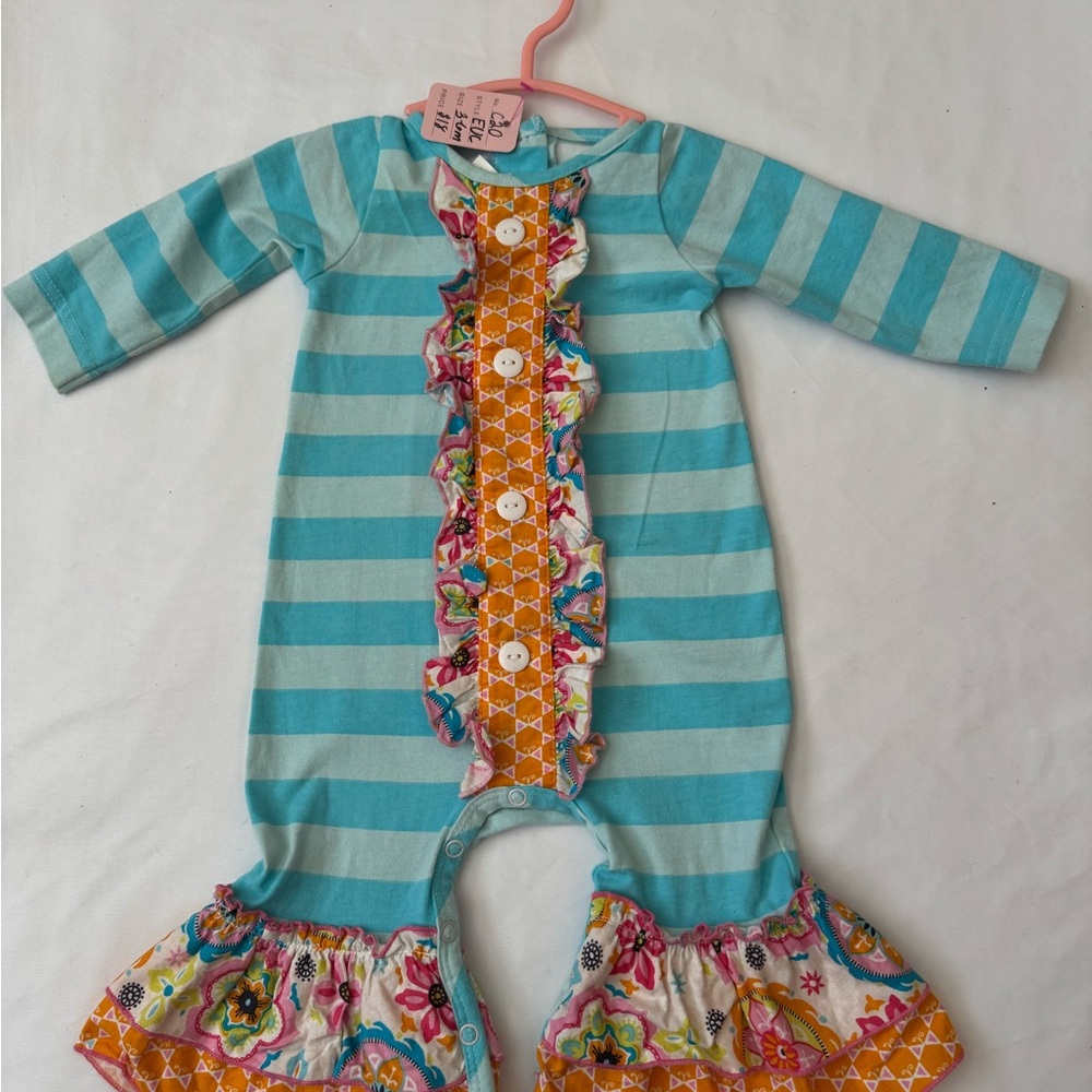 Ricrac & Ruffles Blue Striped Kids one piece outfit with Floral Ruffles